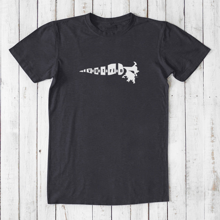 Charcoal black men's vegetarian T-shirt in bamboo and organic cotton with white 'Plant Power' carrot graphic, durable and eco-conscious gift.