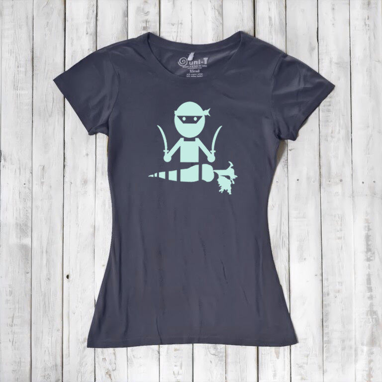 Women's navy blue bamboo and organic cotton T-shirt featuring a mint green 'Veggie Ninja' graphic, a fun vegan-themed gift idea.
