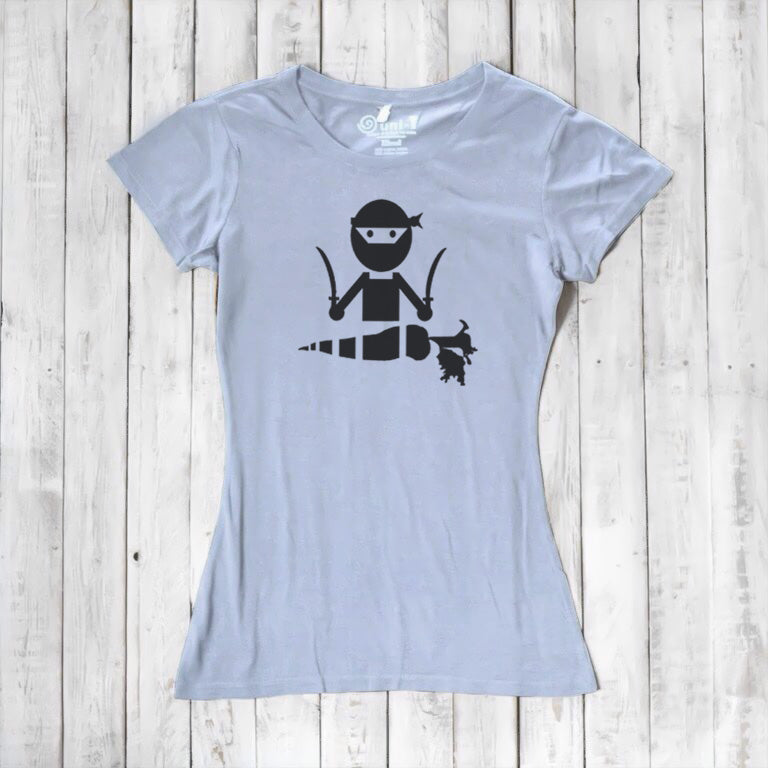 Light gray women's vegan T-shirt with black 'Veggie Ninja' graphic, made from sustainable bamboo and organic cotton blend.