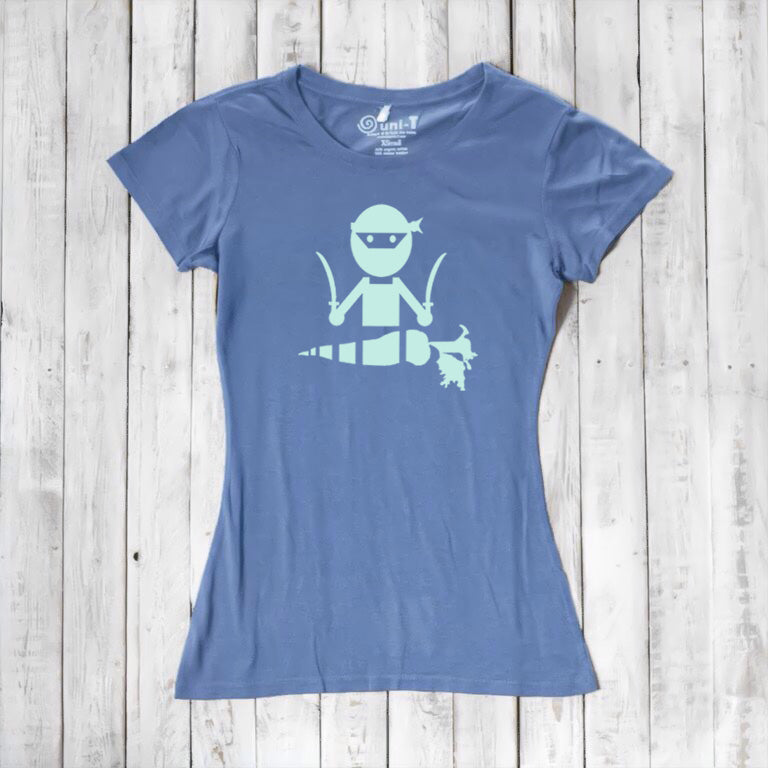Blue women's graphic tee with mint green 'Veggie Ninja' print, crafted from eco-friendly bamboo and organic cotton fabric.