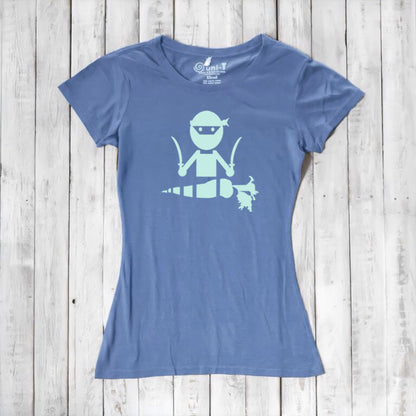 Blue women's graphic tee with mint green 'Veggie Ninja' print, crafted from eco-friendly bamboo and organic cotton fabric.