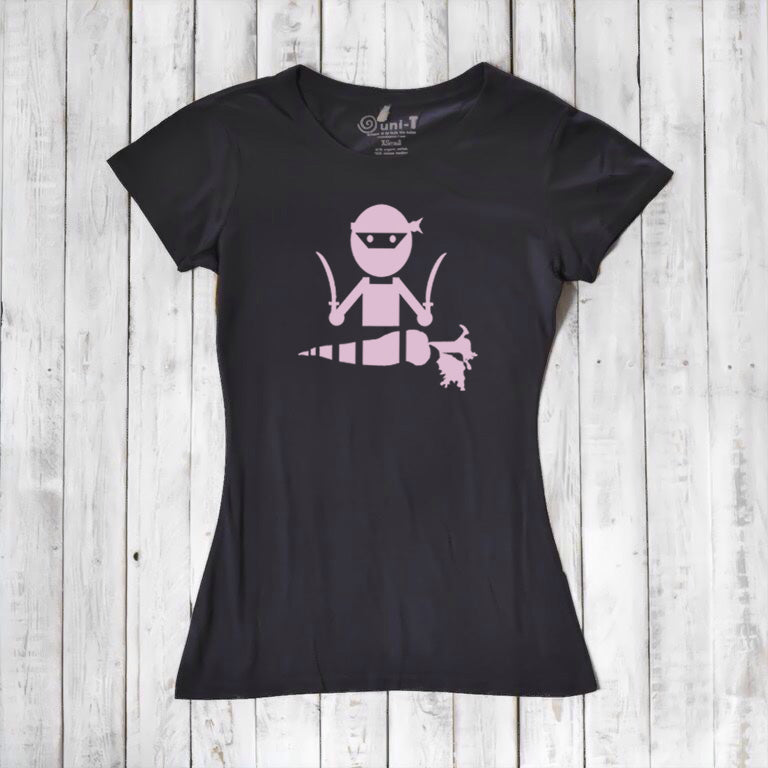 Black women's vegan T-shirt with pink 'Veggie Ninja' design, made from soft bamboo and organic cotton for plant-based lifestyle lovers.