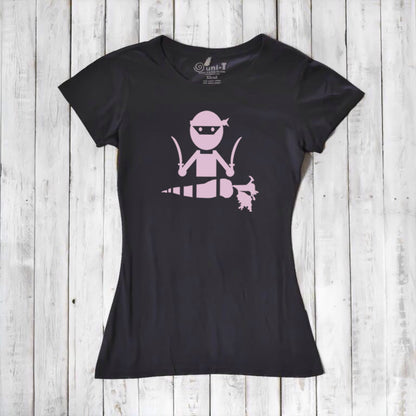 Black women's vegan T-shirt with pink 'Veggie Ninja' design, made from soft bamboo and organic cotton for plant-based lifestyle lovers.