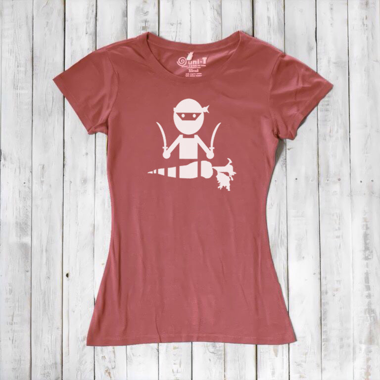 Rust-colored women's bamboo and organic cotton T-shirt with white 'Veggie Ninja' graphic, a humorous gift for vegetarians.