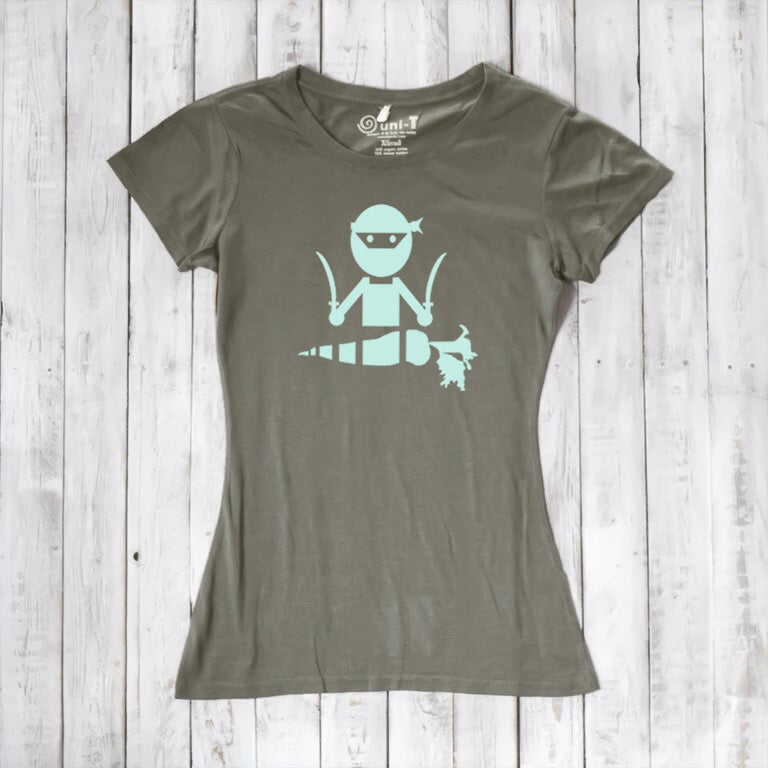 Olive green women's vegan T-shirt with mint 'Veggie Ninja' graphic, made from bamboo and organic cotton for eco-conscious shoppers.