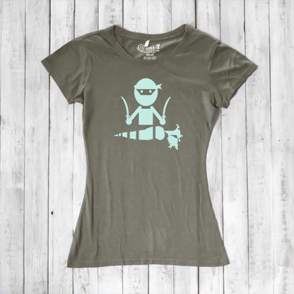 Olive green women's vegan T-shirt with mint 'Veggie Ninja' graphic, made from bamboo and organic cotton for eco-conscious shoppers.
