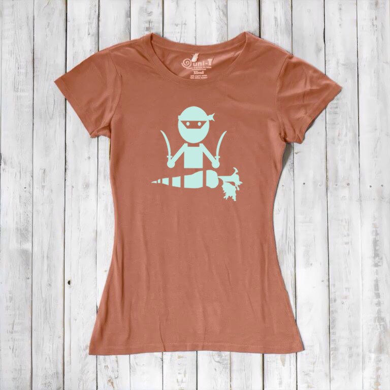 Terracotta women's bamboo and organic cotton T-shirt with mint 'Veggie Ninja' print, a fun and sustainable gift for vegans.