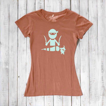 Terracotta women's bamboo and organic cotton T-shirt with mint 'Veggie Ninja' print, a fun and sustainable gift for vegans.