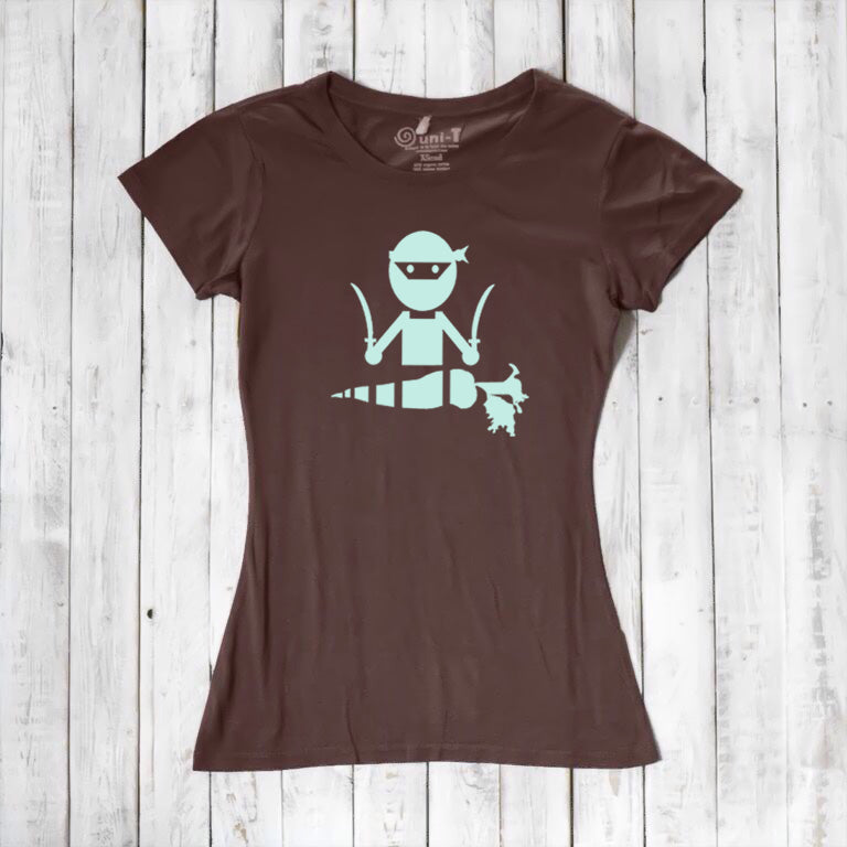 Brown women's vegan T-shirt with mint 'Veggie Ninja' graphic, crafted from eco-friendly bamboo and organic cotton blend.
