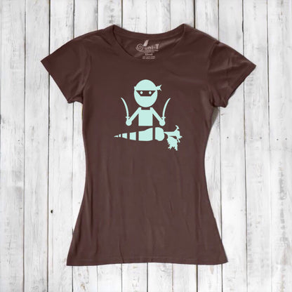 Brown women's vegan T-shirt with mint 'Veggie Ninja' graphic, crafted from eco-friendly bamboo and organic cotton blend.