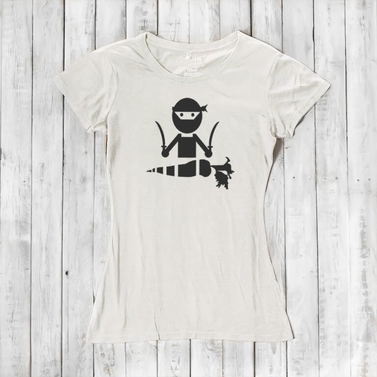 White women's bamboo and organic cotton T-shirt with black 'Veggie Ninja' print, a stylish and humorous vegan apparel choice.