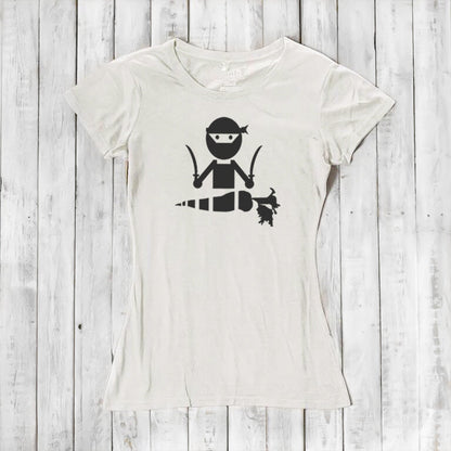 White women's bamboo and organic cotton T-shirt with black 'Veggie Ninja' print, a stylish and humorous vegan apparel choice.