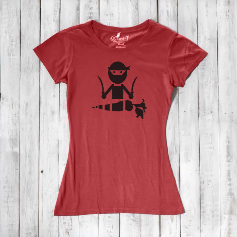 Red women's vegan T-shirt with black 'Veggie Ninja' graphic, made from sustainable bamboo and organic cotton, perfect for plant-based enthusiasts.