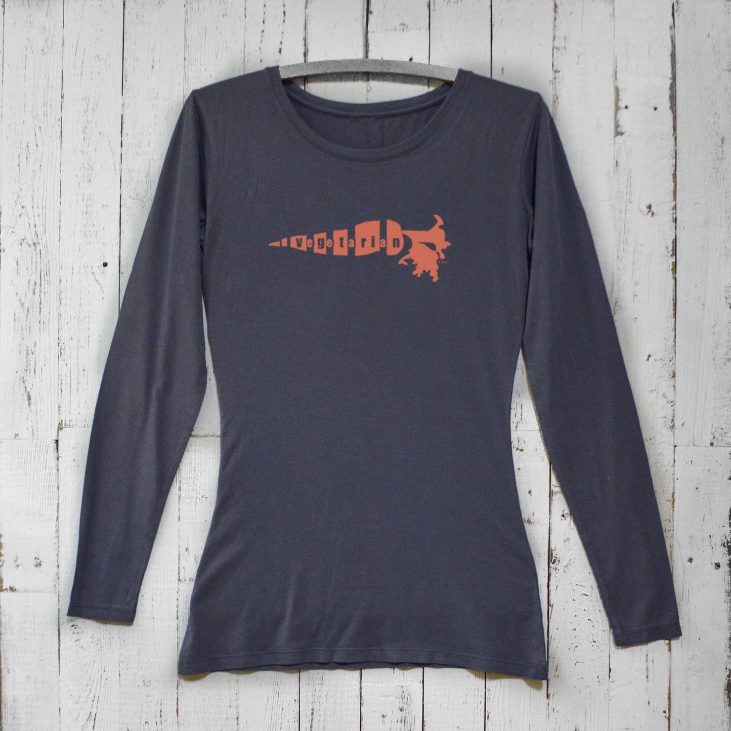 Vegetarian long sleeve t-shirt for women in navy blue with orange carrot graphic. Bamboo organic cotton top for plant-based lifestyle advocates.