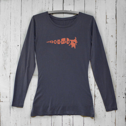 Vegetarian long sleeve t-shirt for women in navy blue with orange carrot graphic. Bamboo organic cotton top for plant-based lifestyle advocates.