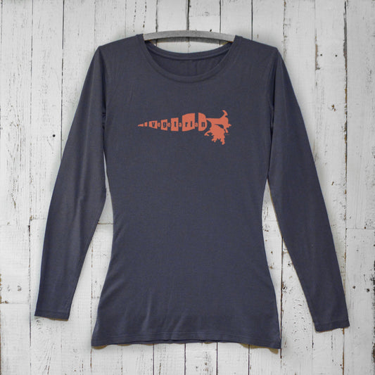 Vegetarian long sleeve t-shirt for women in navy blue with orange carrot graphic. Bamboo organic cotton top for plant-based lifestyle advocates.