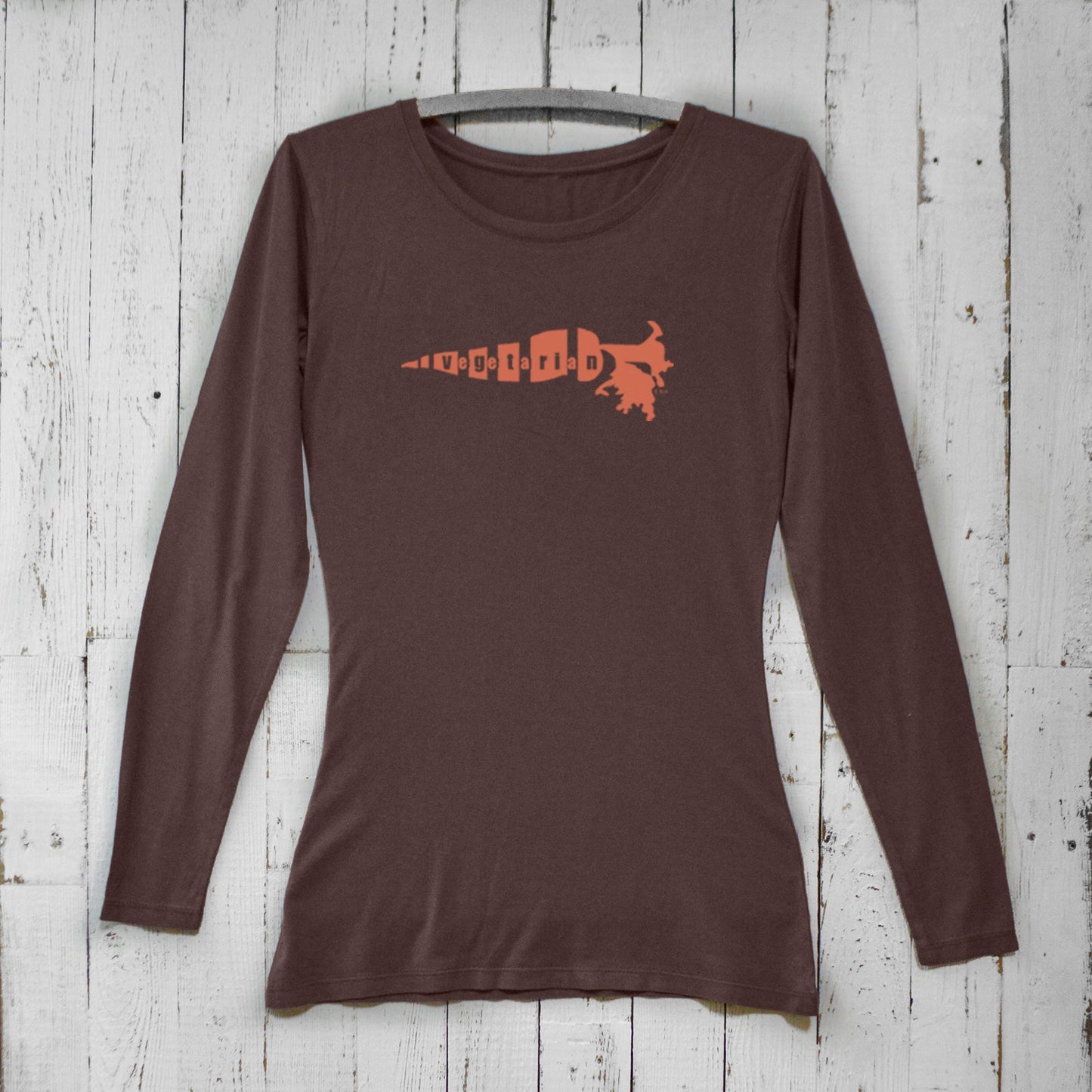 Dark brown women's vegetarian long sleeve t-shirt with orange carrot design. Eco-friendly bamboo and organic cotton veggie lifestyle apparel.