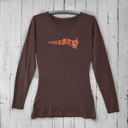 Dark brown women's vegetarian long sleeve t-shirt with orange carrot design. Eco-friendly bamboo and organic cotton veggie lifestyle apparel.