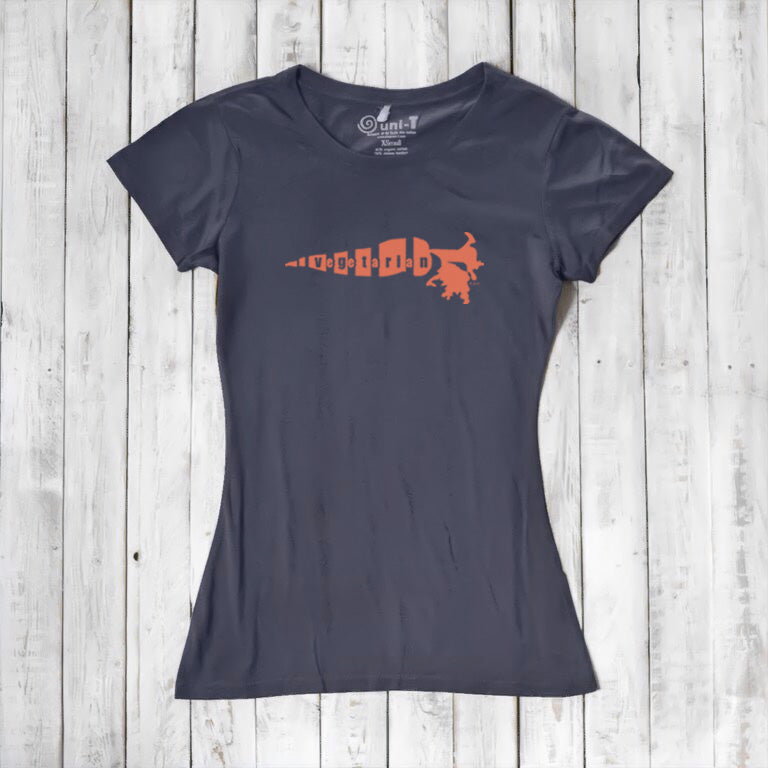 Women's Vegetarian T-Shirt in navy bamboo cotton blend with orange 'Plant Power' carrot graphic. Eco-friendly tee for plant-based lifestyle lovers.