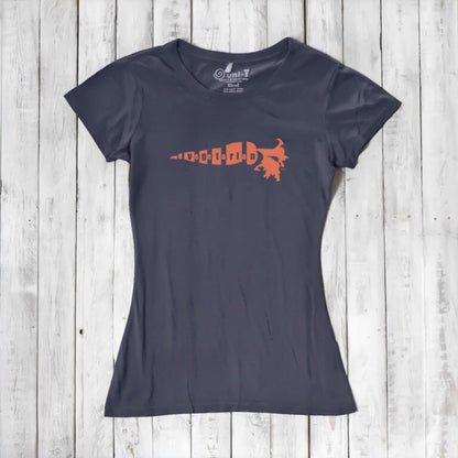 Women's Vegetarian T-Shirt in navy bamboo cotton blend with orange 'Plant Power' carrot graphic. Eco-friendly tee for plant-based lifestyle lovers.