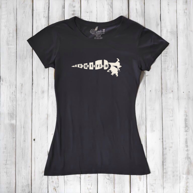 Black women's bamboo organic cotton T-shirt with white 'Plant Power' carrot graphic. Ideal for eco-conscious vegetarians and vegans.