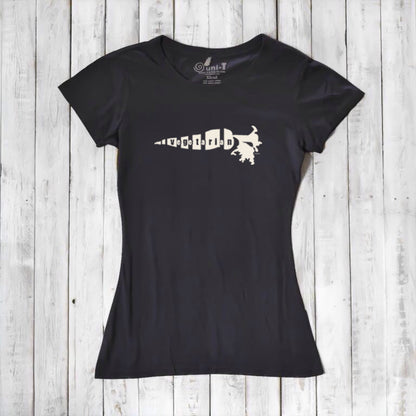 Black women's bamboo organic cotton T-shirt with white 'Plant Power' carrot graphic. Ideal for eco-conscious vegetarians and vegans.