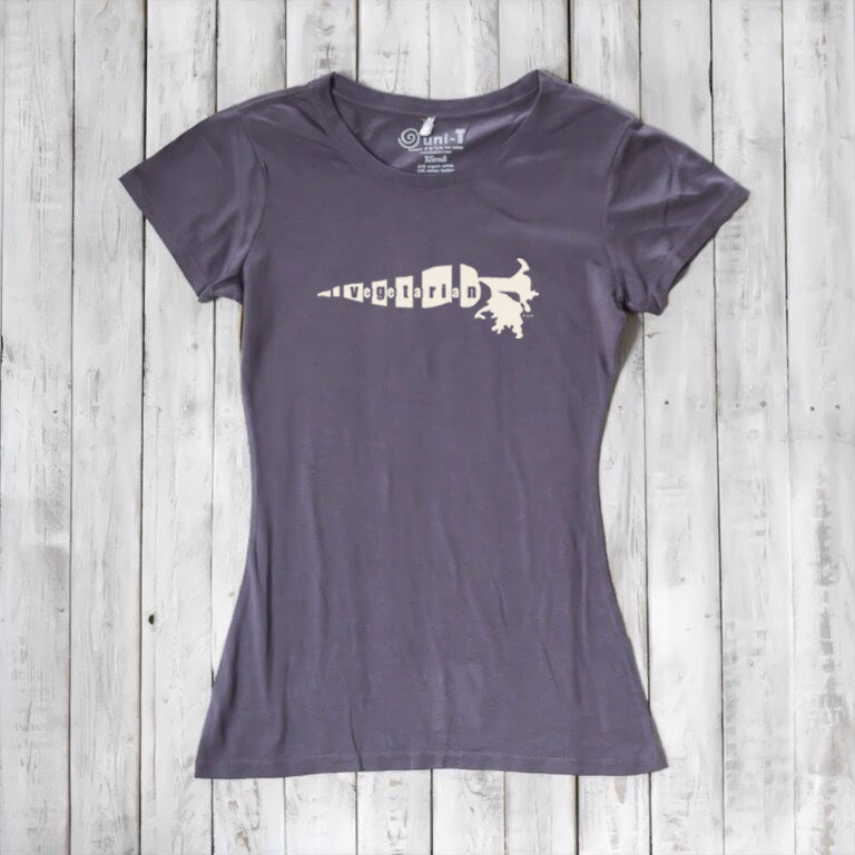 Gray bamboo cotton women's vegetarian tee with white 'Plant Power' carrot design. Soft, sustainable fashion for plant-based enthusiasts.