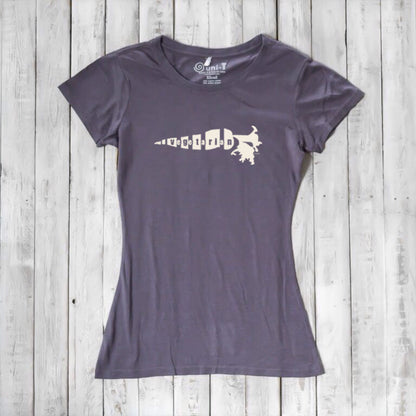 Gray bamboo cotton women's vegetarian tee with white 'Plant Power' carrot design. Soft, sustainable fashion for plant-based enthusiasts.