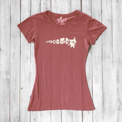 Dusty rose women's bamboo cotton T-shirt featuring white 'Plant Power' carrot graphic. Comfortable and eco-friendly gift for her.