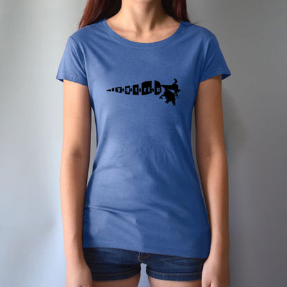 Blue bamboo cotton women's vegetarian T-shirt with bold black 'Plant Power' carrot design. Fun and sustainable apparel for plant lovers.