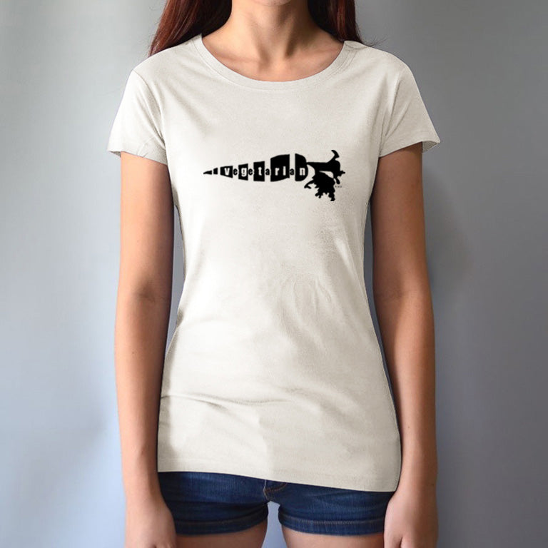Cream bamboo cotton women's vegetarian T-shirt with black 'Plant Power' carrot design. Ethical fashion choice for plant-based living.