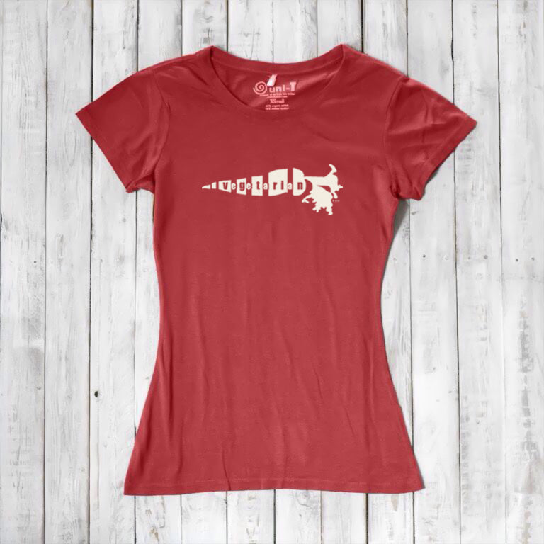Red bamboo organic cotton women's T-shirt with white 'Plant Power' carrot graphic. Sustainable and fun gift for vegetarian women.