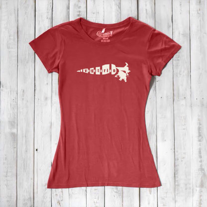 Red bamboo organic cotton women's T-shirt with white 'Plant Power' carrot graphic. Sustainable and fun gift for vegetarian women.