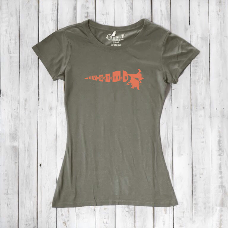 Olive green women's bamboo cotton vegetarian tee with orange 'Plant Power' carrot design. Earthy, eco-friendly fashion for her.