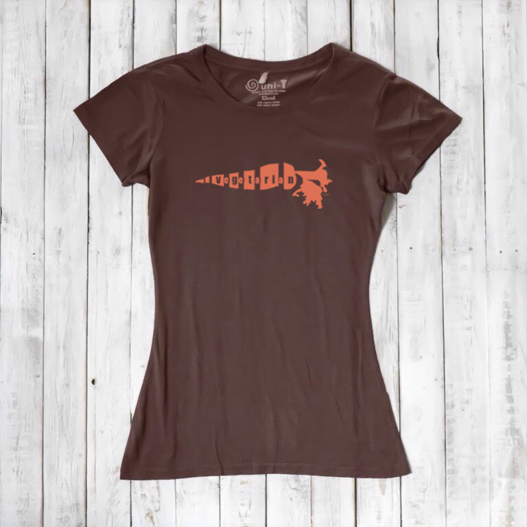 Brown bamboo cotton women's T-shirt with orange 'Plant Power' carrot graphic. A cozy and sustainable top for plant-based lifestyle lovers.