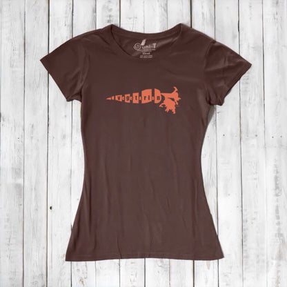 Brown bamboo cotton women's T-shirt with orange 'Plant Power' carrot graphic. A cozy and sustainable top for plant-based lifestyle lovers.