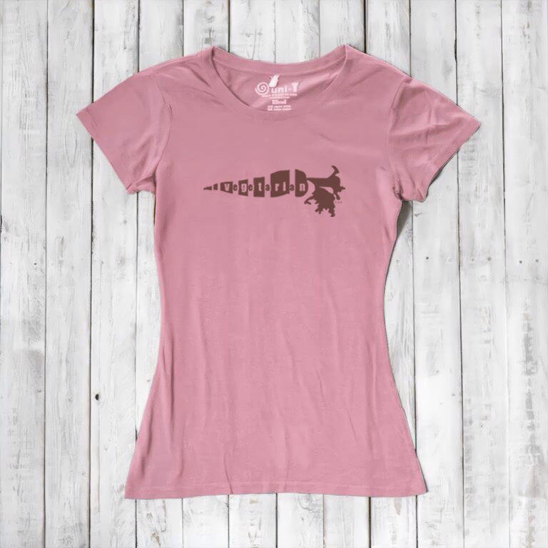 Pink bamboo cotton women's vegetarian T-shirt with dark brown 'Plant Power' carrot design. Soft, stylish gift for eco-conscious women.
