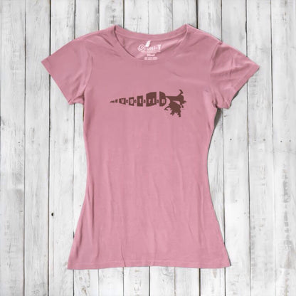 Pink bamboo cotton women's vegetarian T-shirt with dark brown 'Plant Power' carrot design. Soft, stylish gift for eco-conscious women.