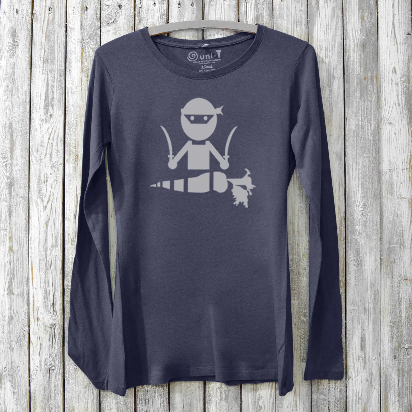 Navy Veggie Ninja long sleeve t-shirt for women made from bamboo and organic cotton, featuring a fun ninja carrot graphic for plant-based fashion lovers.