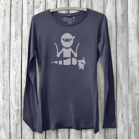 Navy Veggie Ninja long sleeve t-shirt for women made from bamboo and organic cotton, featuring a fun ninja carrot graphic for plant-based fashion lovers.