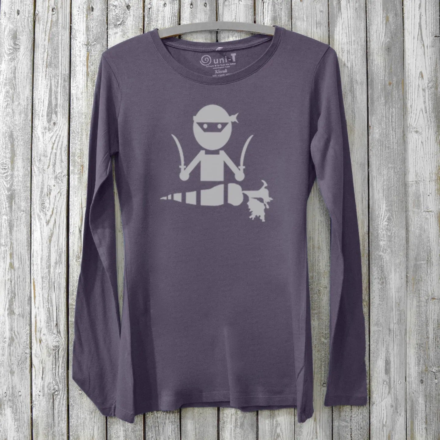 Dark purple Veggie Ninja women's bamboo long sleeve shirt with a playful ninja carrot design, ideal for vegetarians and eco-conscious apparel shoppers.