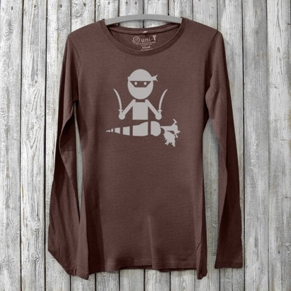Dark brown Veggie Ninja women's long sleeve bamboo t-shirt with a quirky ninja carrot graphic, perfect for plant-based and sustainable fashion enthusiasts.