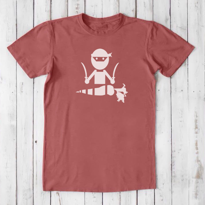 Classic fit red clay men's vegan T-shirt made from bamboo and organic cotton, featuring a white 'Veggie Ninja' plant-based graphic.