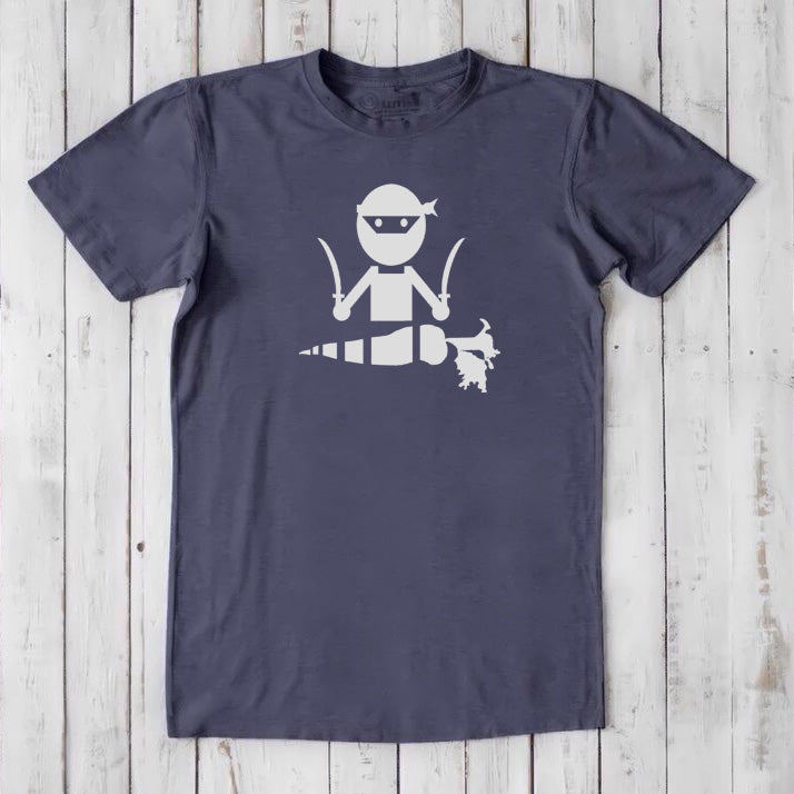 Slate blue men's vegan T-shirt in bamboo and organic cotton with bold white 'Veggie Ninja' graphic, ideal gift for vegetarians.
