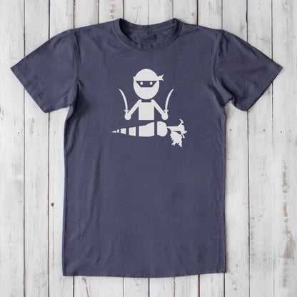 Slate blue men's vegan T-shirt in bamboo and organic cotton with bold white 'Veggie Ninja' graphic, ideal gift for vegetarians.