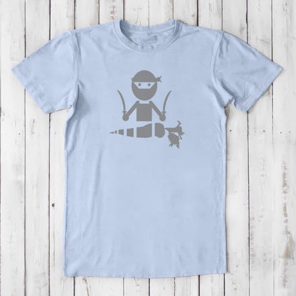Light blue men's vegan T-shirt in bamboo and organic cotton with grey 'Veggie Ninja' graphic, sustainable and funny gift idea.
