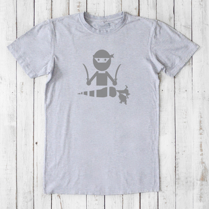 Heather grey men's vegan T-shirt made from bamboo and organic cotton, featuring a grey 'Veggie Ninja' plant-based graphic design.