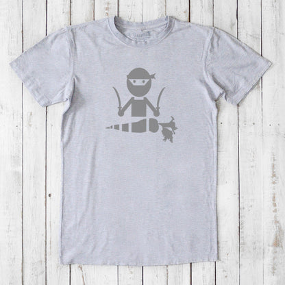 Heather grey men's vegan T-shirt made from bamboo and organic cotton, featuring a grey 'Veggie Ninja' plant-based graphic design.
