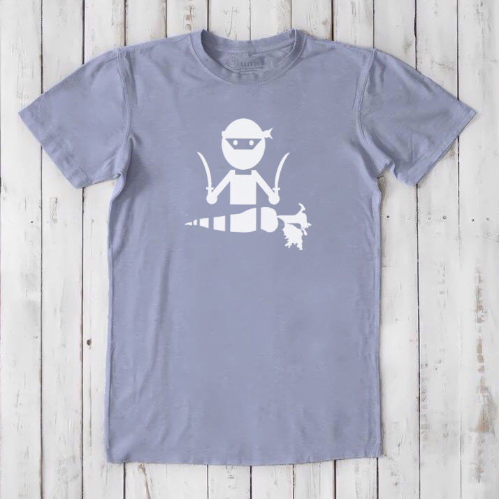Slate men's vegan T-shirt in bamboo and organic cotton with white 'Veggie Ninja' graphic, eco-friendly and humorous wardrobe staple.