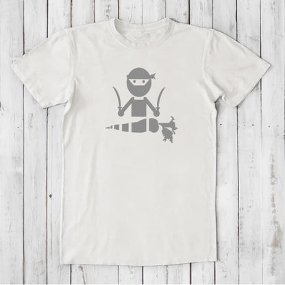 Off-white men's vegan T-shirt in bamboo and organic cotton with grey 'Veggie Ninja' design, sustainable gift for plant-based fans.